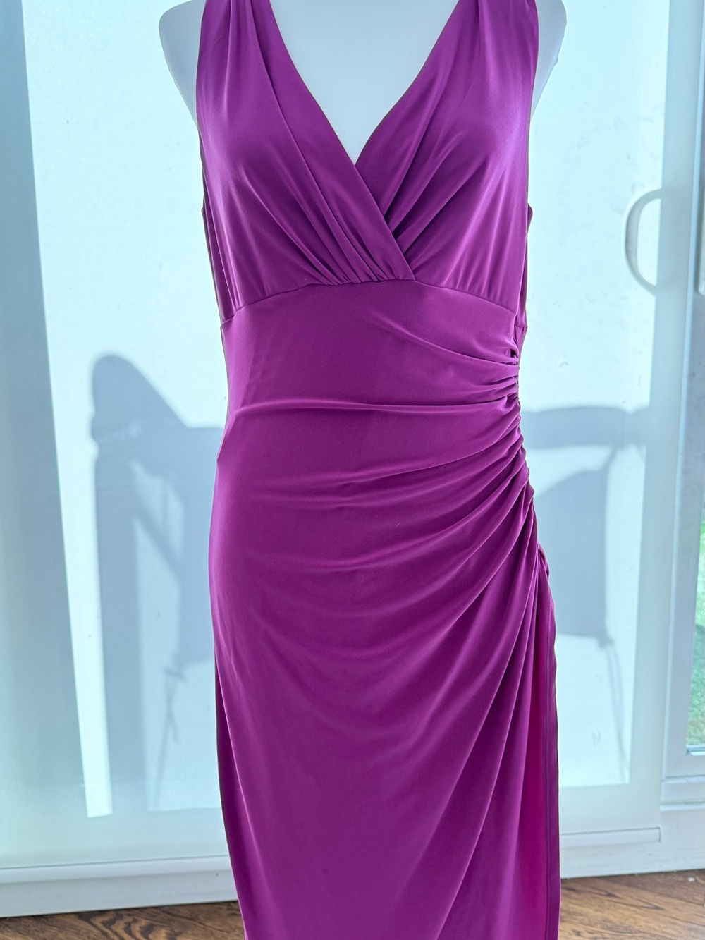 Lauren Ralph Lauren Magenta V-Neck Ruched Midi Dress